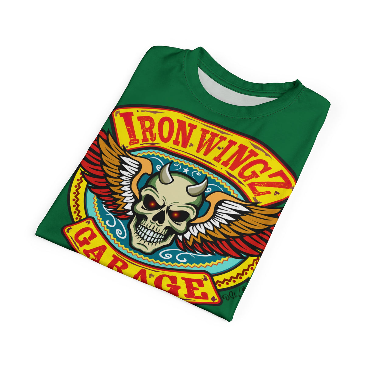Iron Wingz Garage HiViz Tee, Vuntage Graphic Logo, Rockabilly Style Shirt for Bikers