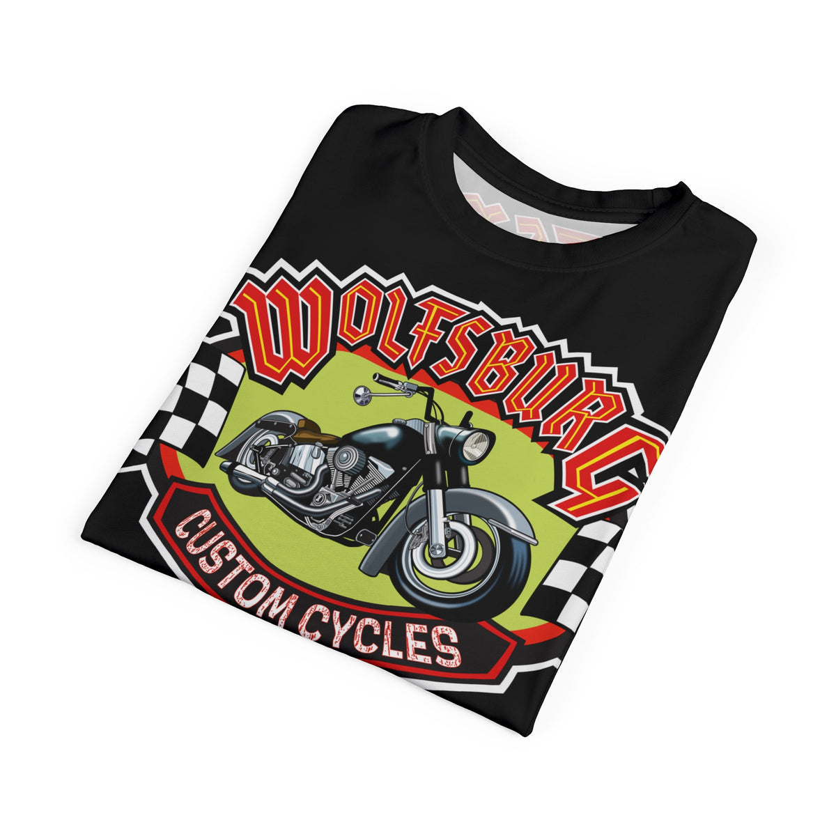 Wolfsburg Custom Cycles Super Tee - Edgy Biker Wear, Badass Gear with High Visibility Graphics
