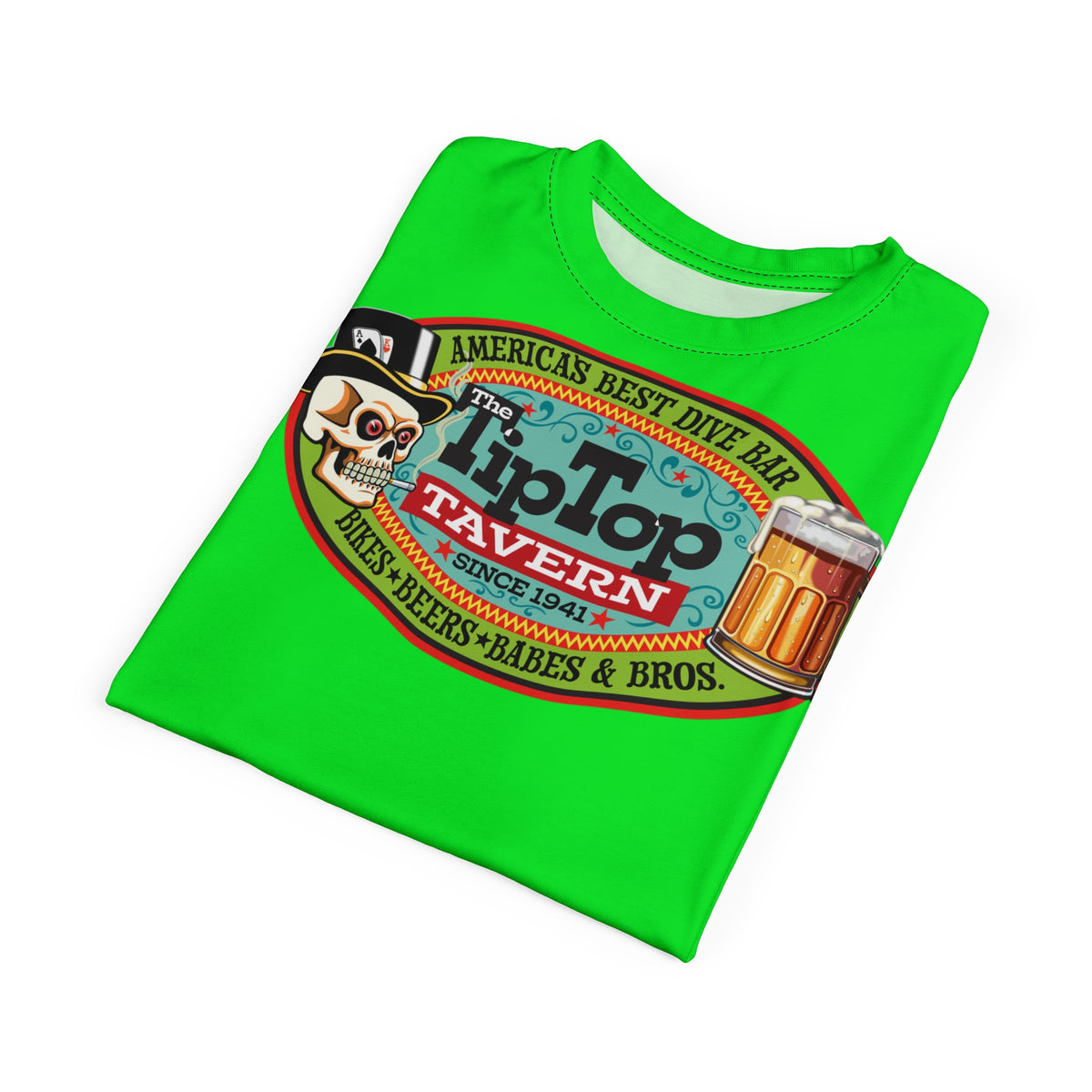 VERY SPECIAL Tip Top Tavern Dive Bar -HiViZ Lumina Green Super Riding Tee (*Limited Edition) - Florida's Best Dive Bar, Bikes Beers Babes & Bros. - Honouring Biker Bars