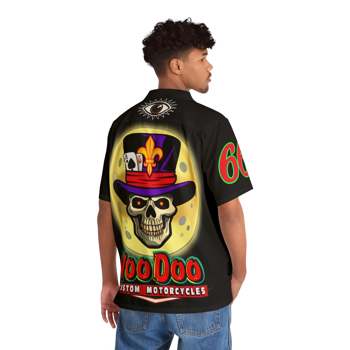 Big Bopper Voodoo Custom Motorcycles Hawaiian Shirt - Bold Skull & Fleur-de-lis Design - Outrageously Badass Design
