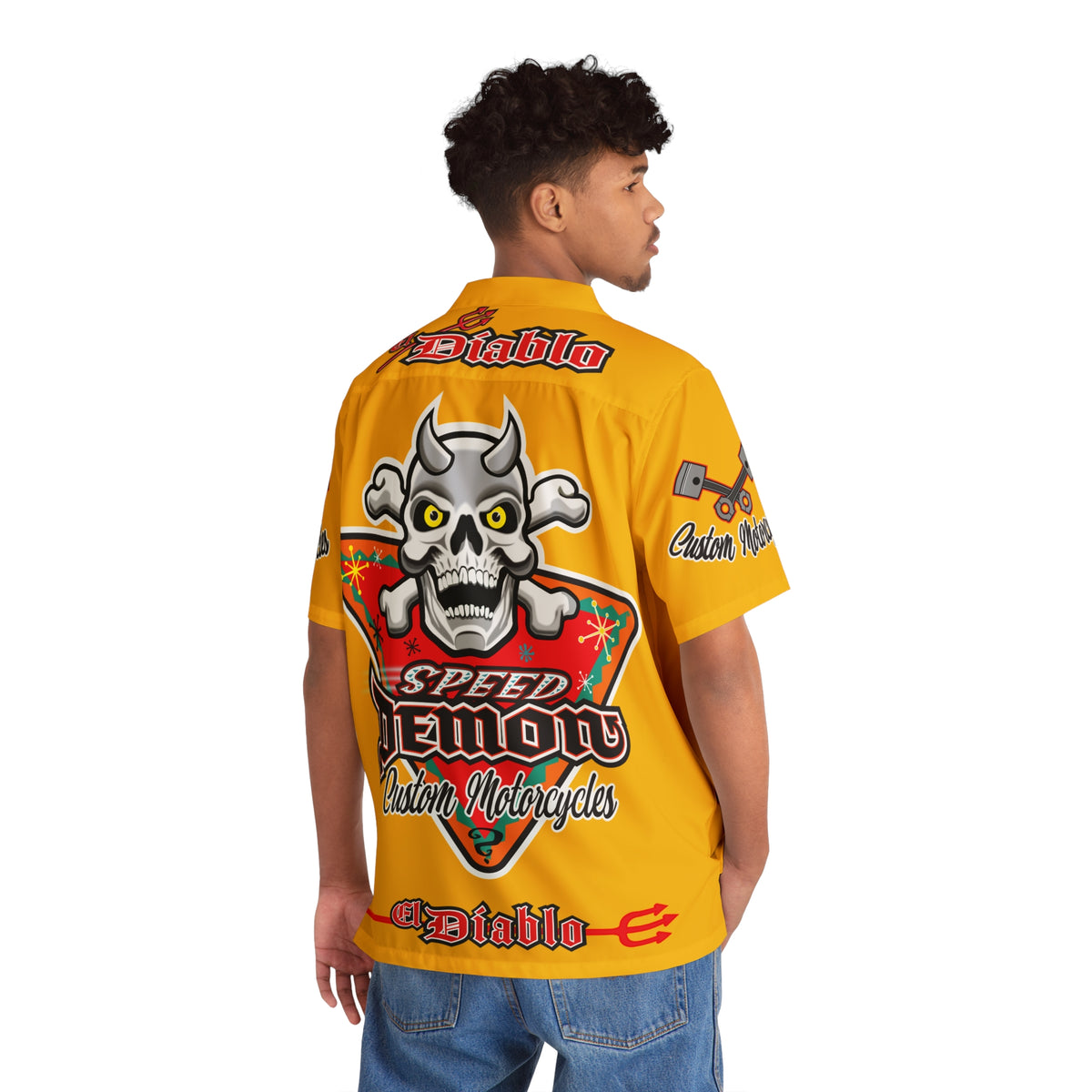 Big Bopper Speed Demon Custom Motorcycles Men's Hawaiian Shirt - Super Nice Custom Riding Shirt for Big Men - Sizes to 5XL