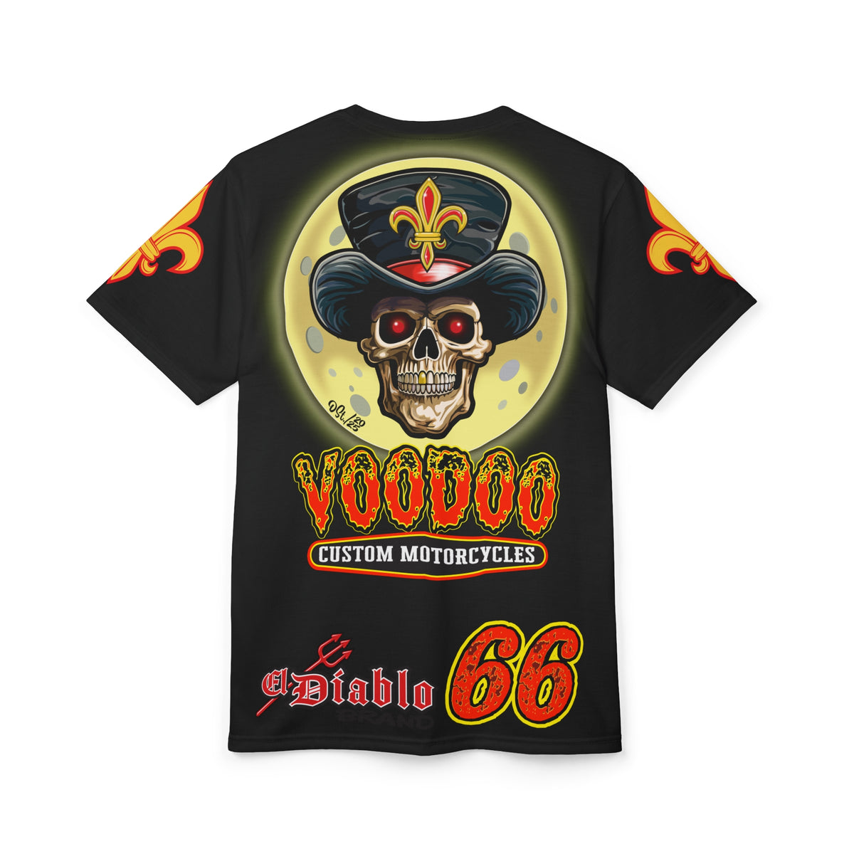 SRT Voodoo Custom Motorcycles Super Riding Tee - Edgy Skull Design for Bikers