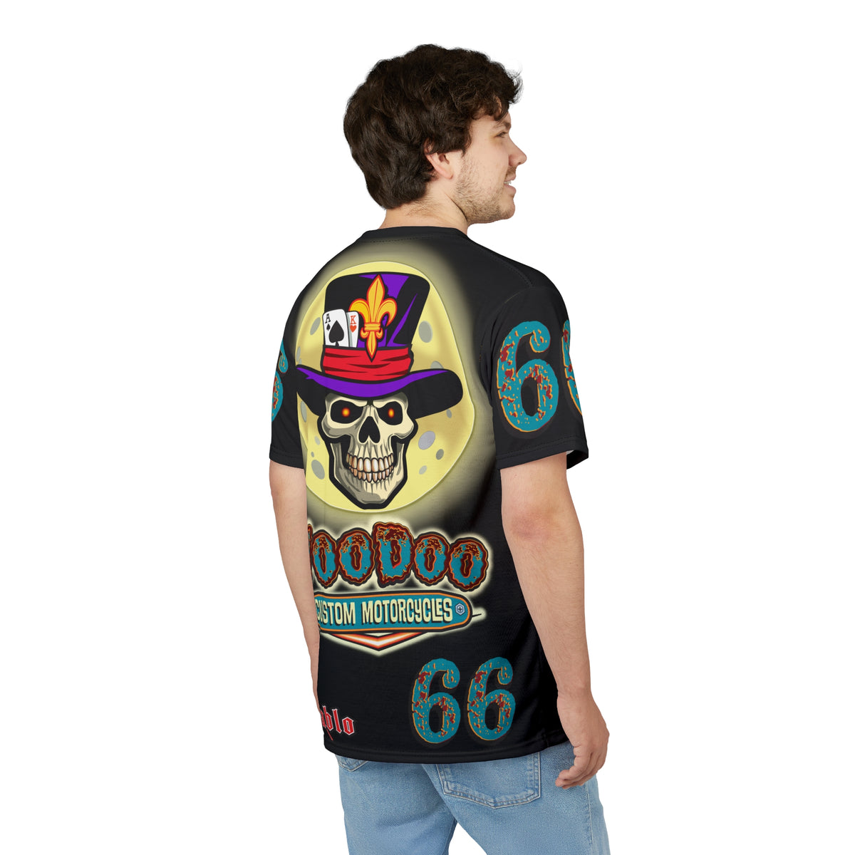 Voodoo Custom Motorcycles Ragin' Cajun Super Tee - Edgy Skull Design for Motorcycle Enthusiasts