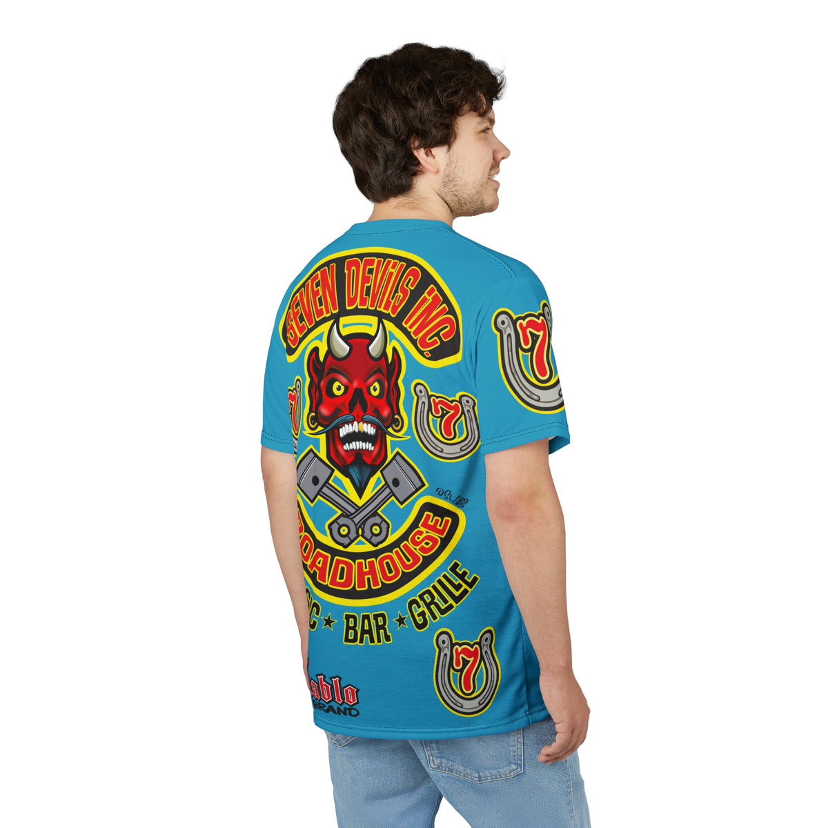Seven Devils Inc. Roadhouse Electric Blue Hiviz  Design, Edgy Biker Shirt, Special Motorcycle Riding Gear, Seven Devils Inc.