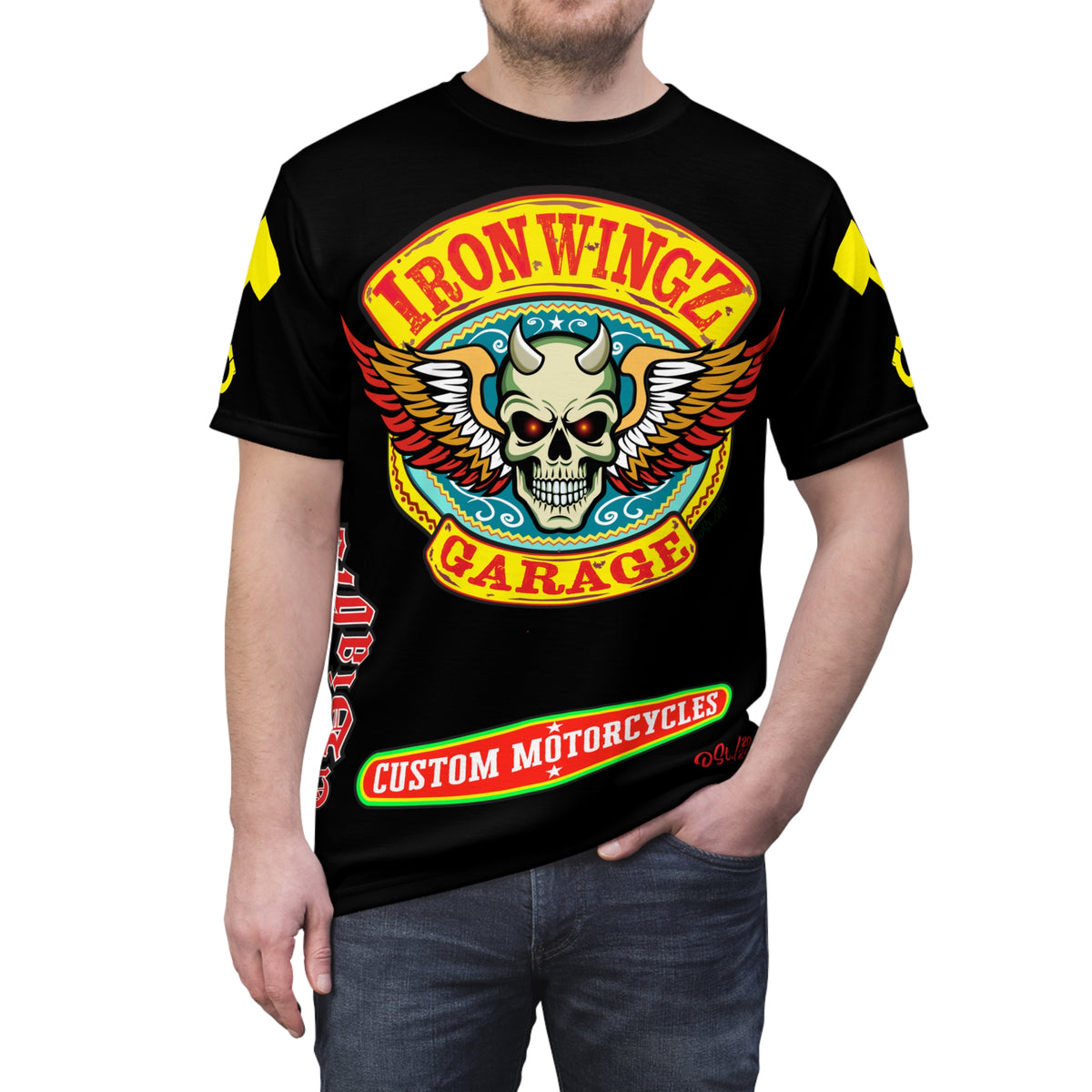 Iron Wingz Garage HiViz Tee, Vuntage Graphic Logo, Rockabilly Style Shirt for Bikers