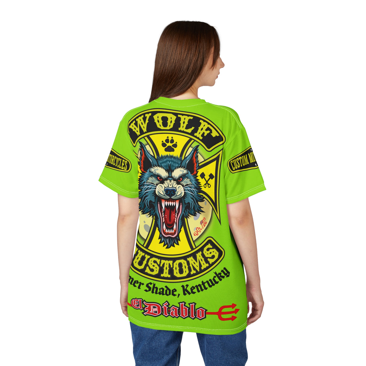 VERY SPECIAL MWT Wolf Customs HiViZ Lumina Green with XL Graphics Super Tee —  The Best Biker Riding Tee EVER !!!