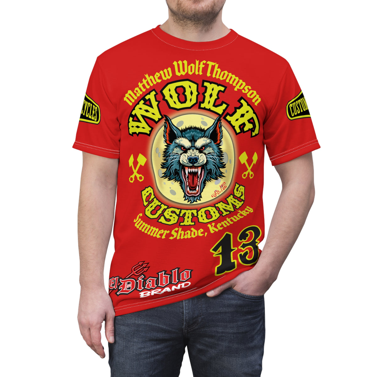 MWT Wolf Customs 13 Black with HiViZ Lumina Graphics -- Super Tee — Retro Motorcycle Club Shirt, The Best Biker Riding Tee EVER !!!