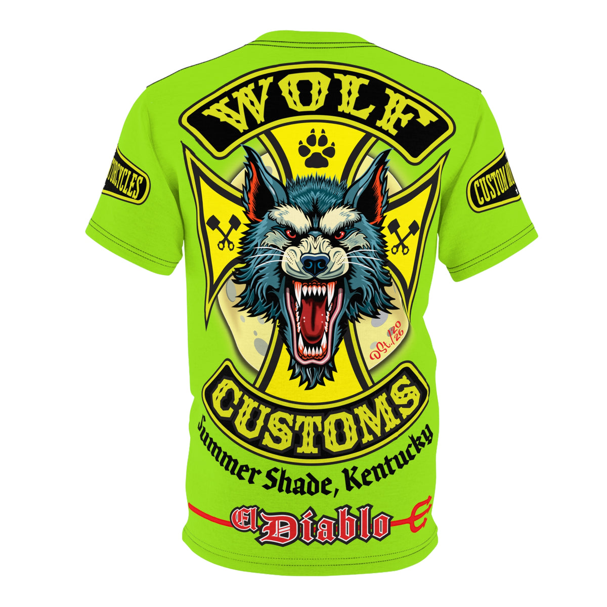 VERY SPECIAL MWT Wolf Customs HiViZ Lumina Green with XL Graphics Super Tee —  The Best Biker Riding Tee EVER !!!