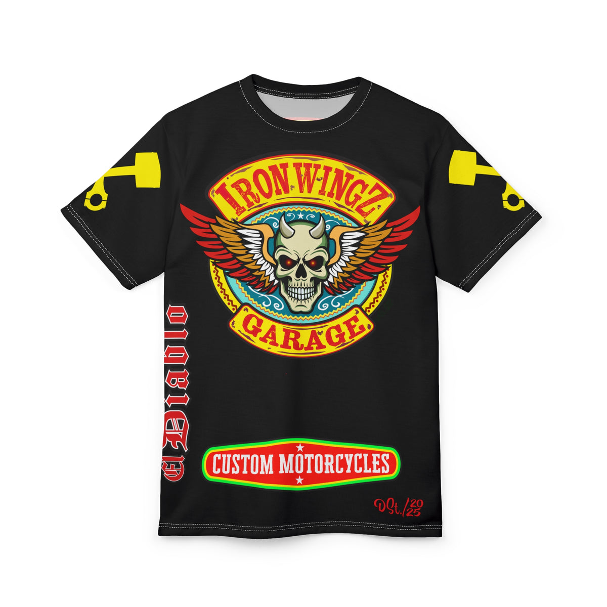 Iron Wingz Garage HiViz Tee, Vuntage Graphic Logo, Rockabilly Style Shirt for Bikers