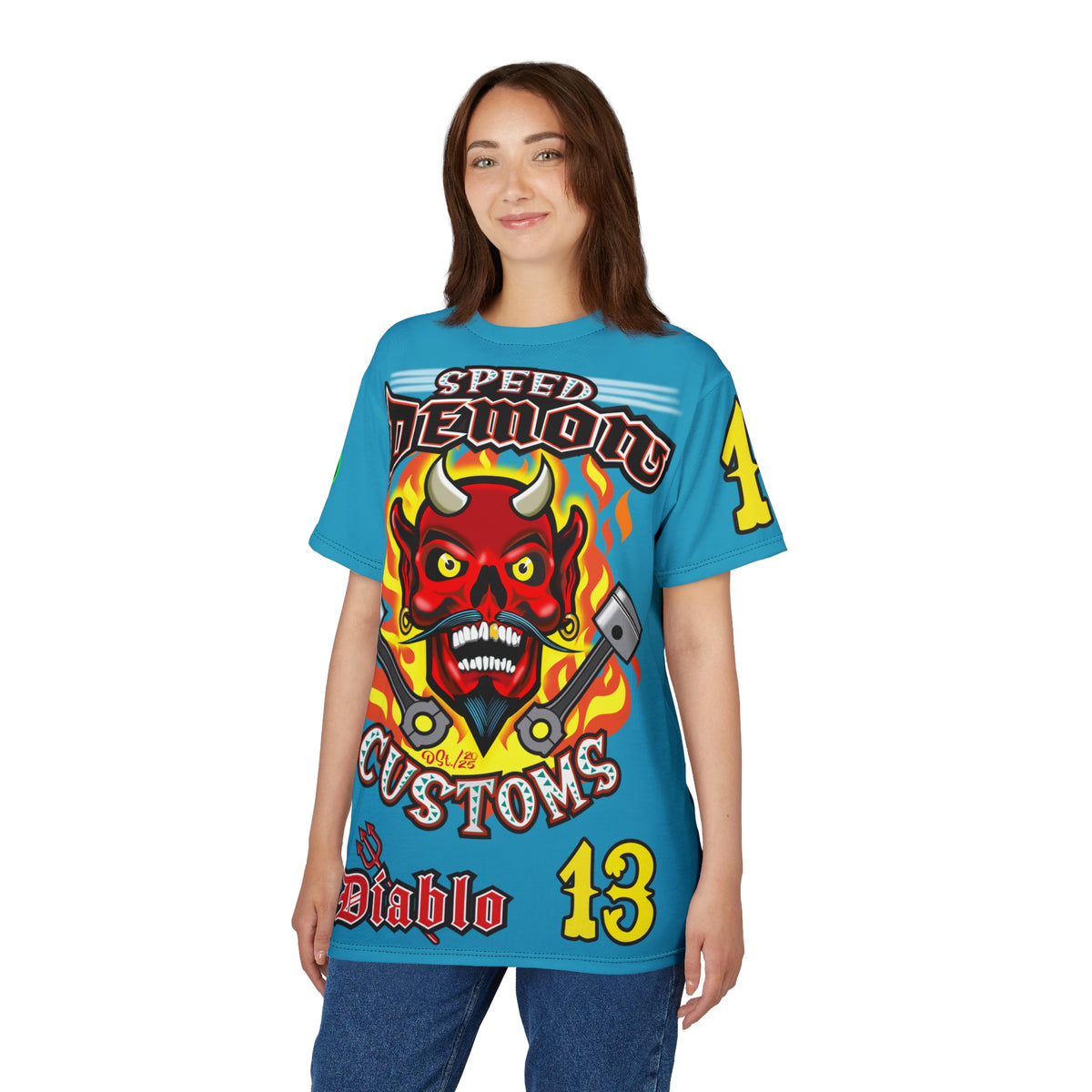 Speed Demon Custom Hell Fire HiViz Unisex Tee - Bold Graphic Harley Enthusiast Super T