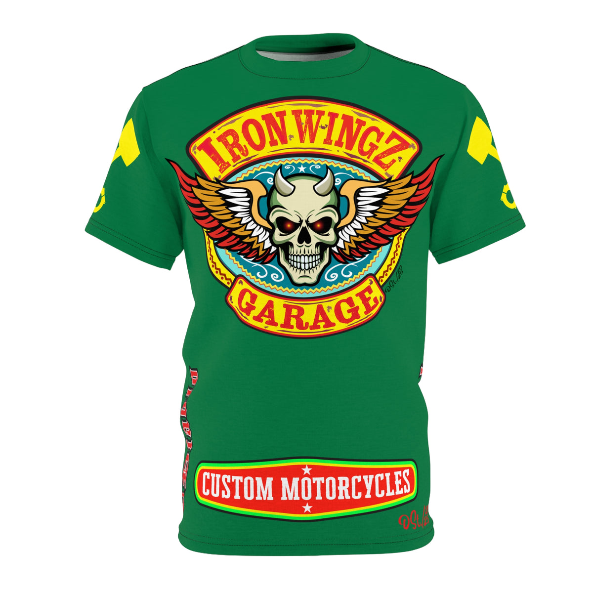 Iron Wingz Garage HiViz Tee, Vuntage Graphic Logo, Rockabilly Style Shirt for Bikers