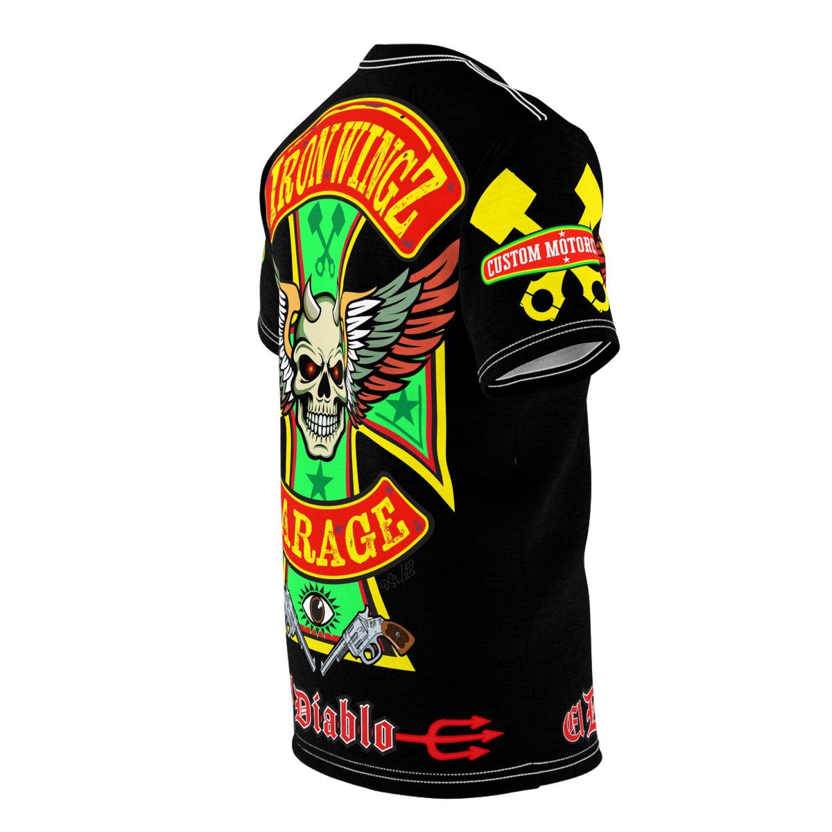 Iron Wingz Garage HiViz Tee, Vintage Graphic Logo, Rockabilly Style Shirt for Bikers
