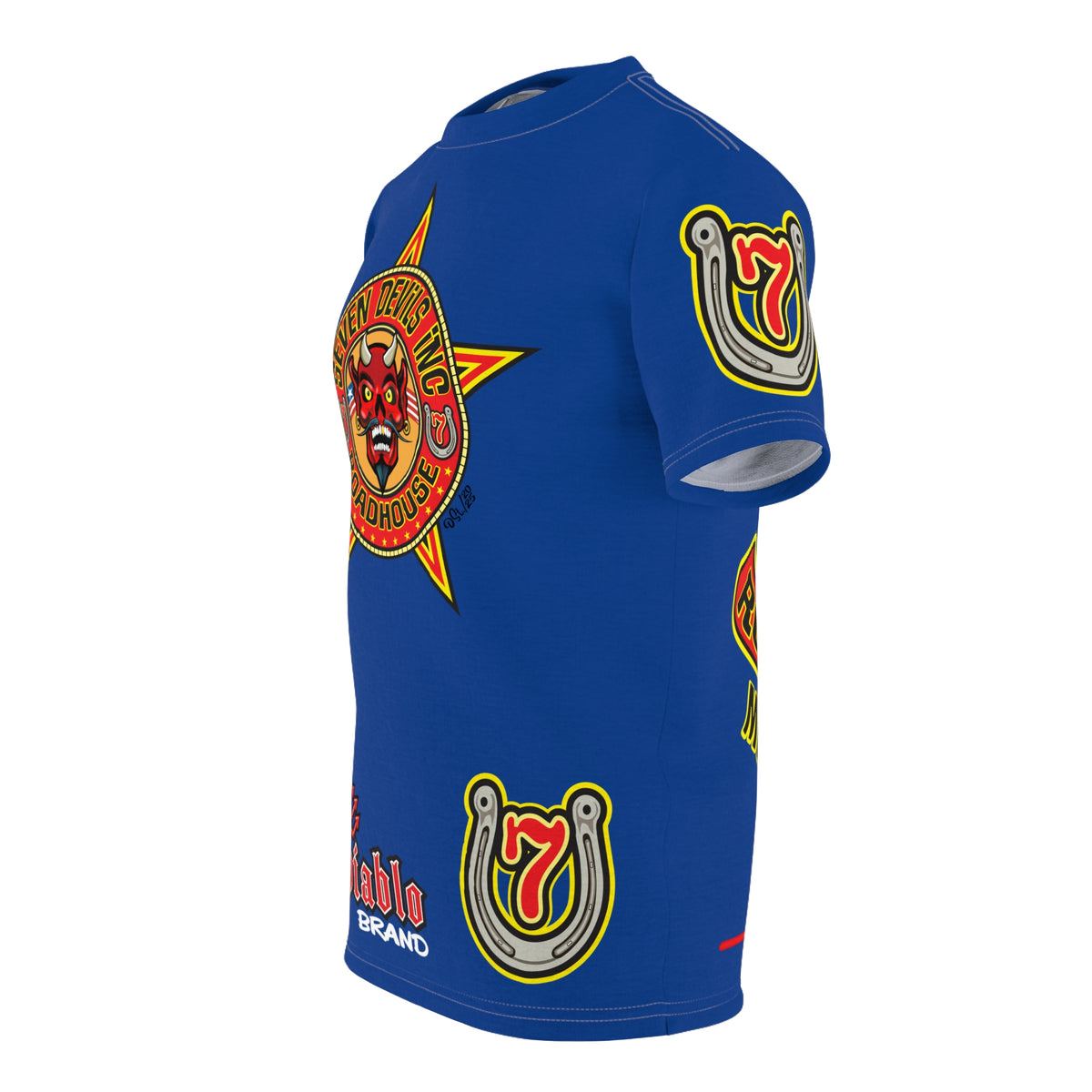 Seven Devils Inc. Roadhouse Electric Blue HiViz Design Super Tee, Edgy Biker Shirt, Special Motorcycle Riding Gear, Seven Devils Inc.