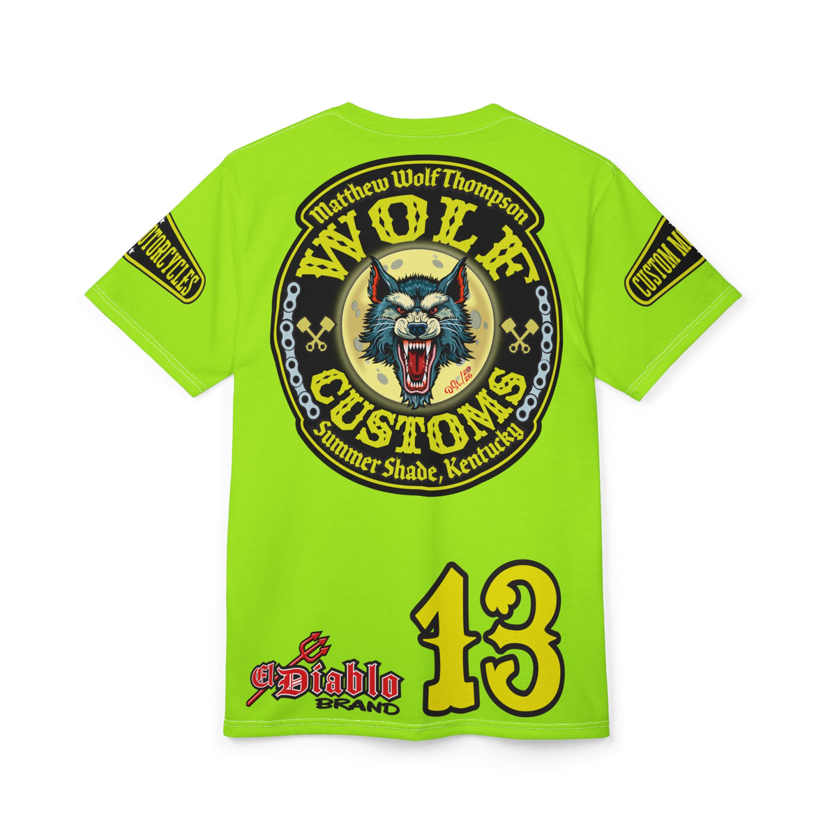 VERY SPECIAL MWT Wolf Customs Lumina Green XL HiViZ Graphics Super Tee —  The Best Biker Riding Tee EVER !!!