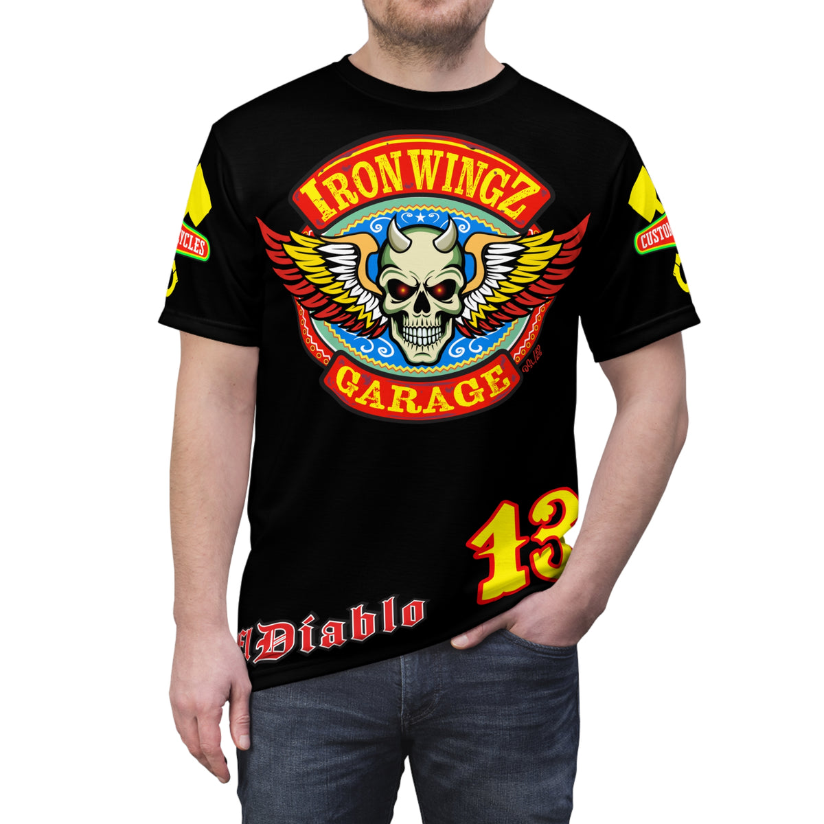 Iron Wingz Garage HiViz Tee, Vintage Graphic Logo, Rockabilly Style Shirt for Bikers