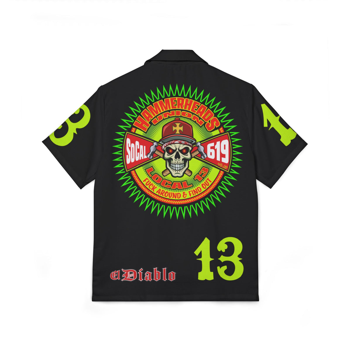 Big Bopper Hammerheads Union 13 - Men's Hawaiian Camp Shirt with Bold Graphics,  Cool Loose Biker Shirt for Riding & Partying