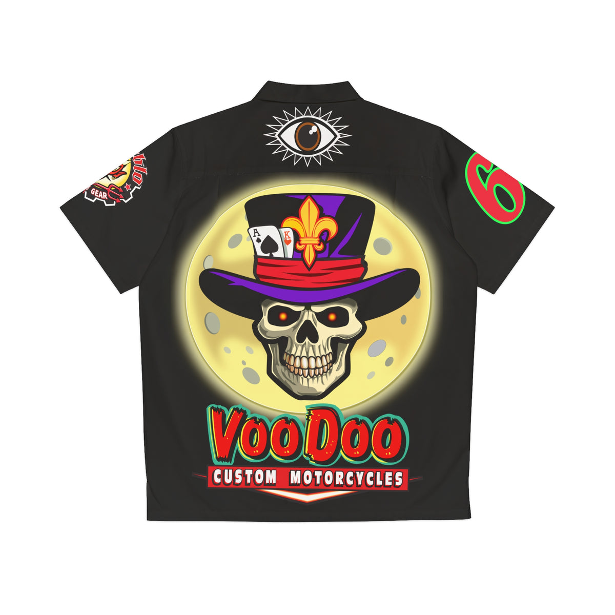 Big Bopper Voodoo Custom Motorcycles Hawaiian Shirt - Bold Skull & Fleur-de-lis Design - Outrageously Badass Design