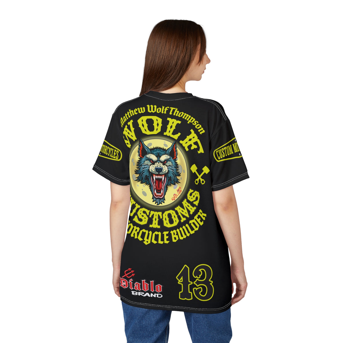 MWT Wolf Customs 13 Black with HiViZ Lumina Graphics -- Super Riding Tee — Retro Motorcycle Club Shirt, The Best Biker Riding Tee EVER !!!