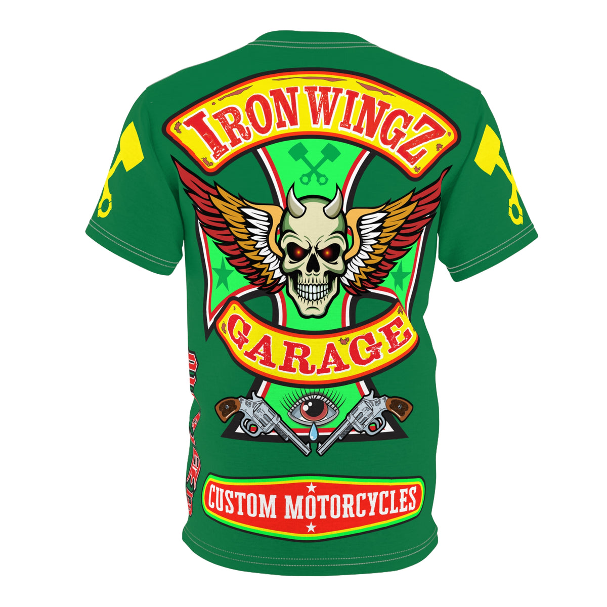 Iron Wingz Garage HiViz Tee, Vuntage Graphic Logo, Rockabilly Style Shirt for Bikers