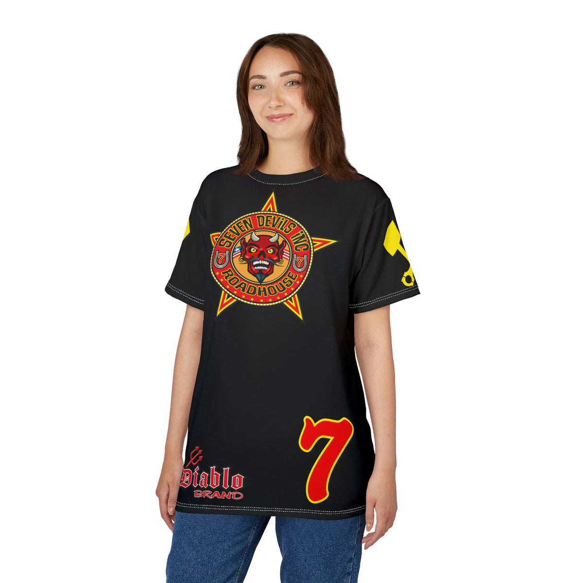 SRT Seven Devils RoadHouse Custom Biker Riding Super Tee - Retro Devil Western Style Graphic Style