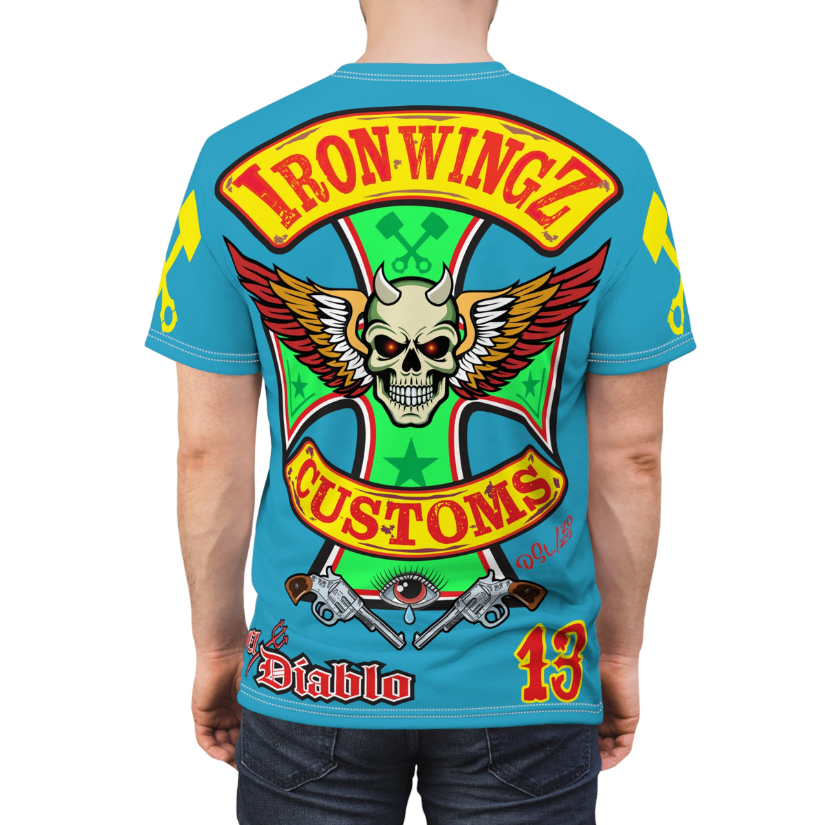 Iron WingZ Customs Electric Blue HIviz Graphic Super Tee, Edgy Streetwear, Customized Apparel, Gift for Bikers