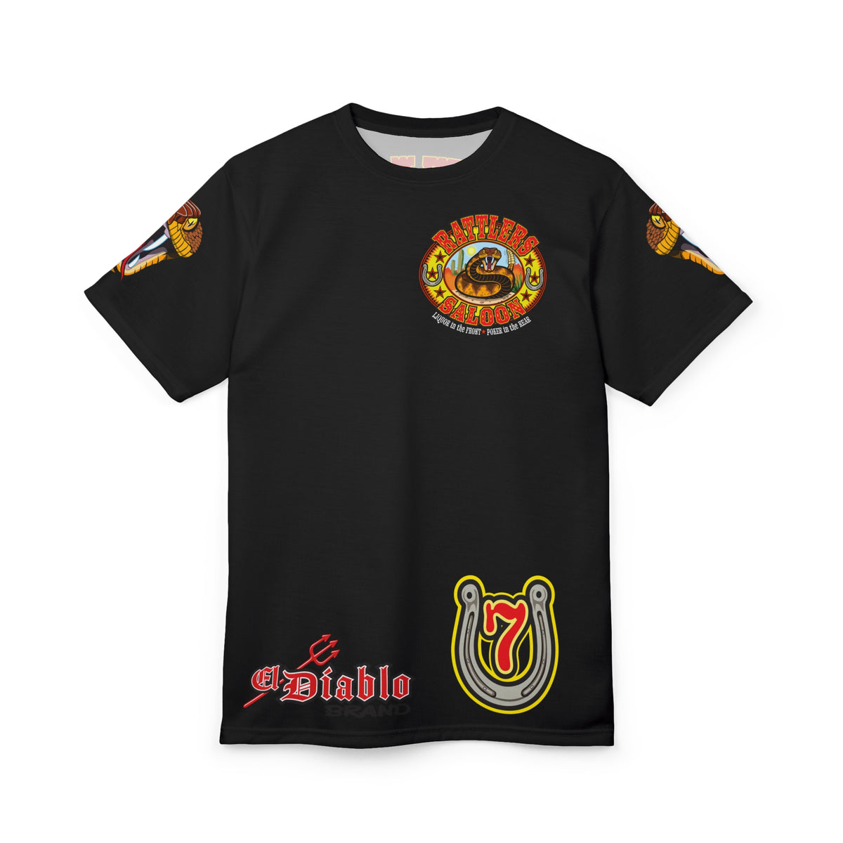 SRT Rattlers Saloon  BADAZZ BLACK SUPER RIDING TEE — Vintage Biker Lucky 7 Graphic Shirt