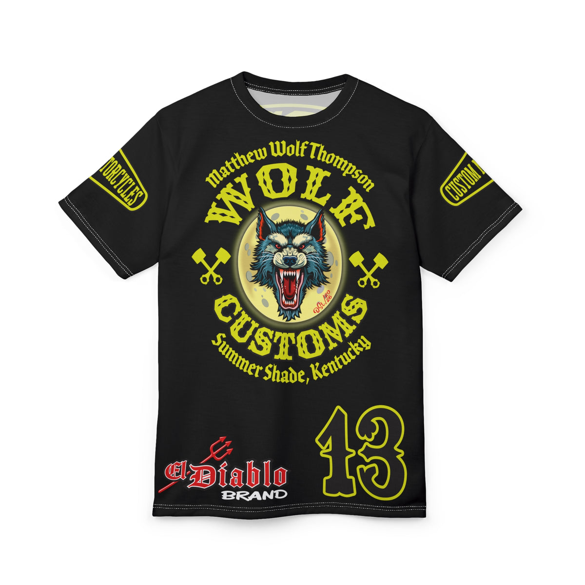 SRT MWT Wolf Customs 13 Black with HiViZ Lumina Graphics -- Super Riding Tee — Retro Motorcycle Club Shirt, The Best Biker Riding Tee EVER !!!