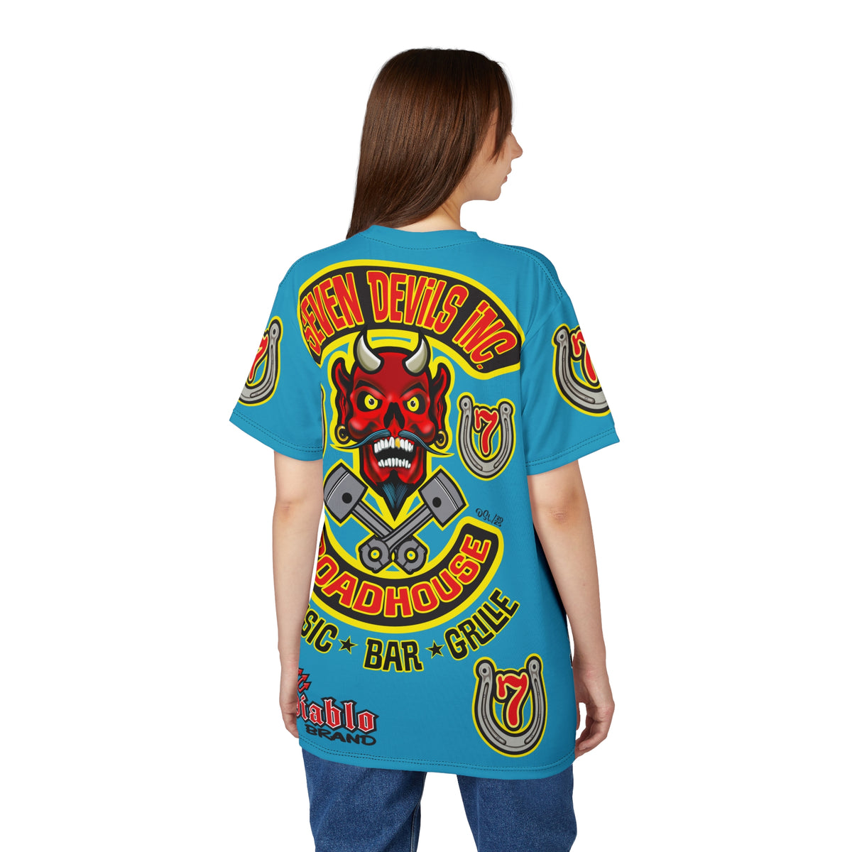 Seven Devils Inc. Roadhouse Electric Blue Hiviz  Design, Edgy Biker Shirt, Special Motorcycle Riding Gear, Seven Devils Inc.