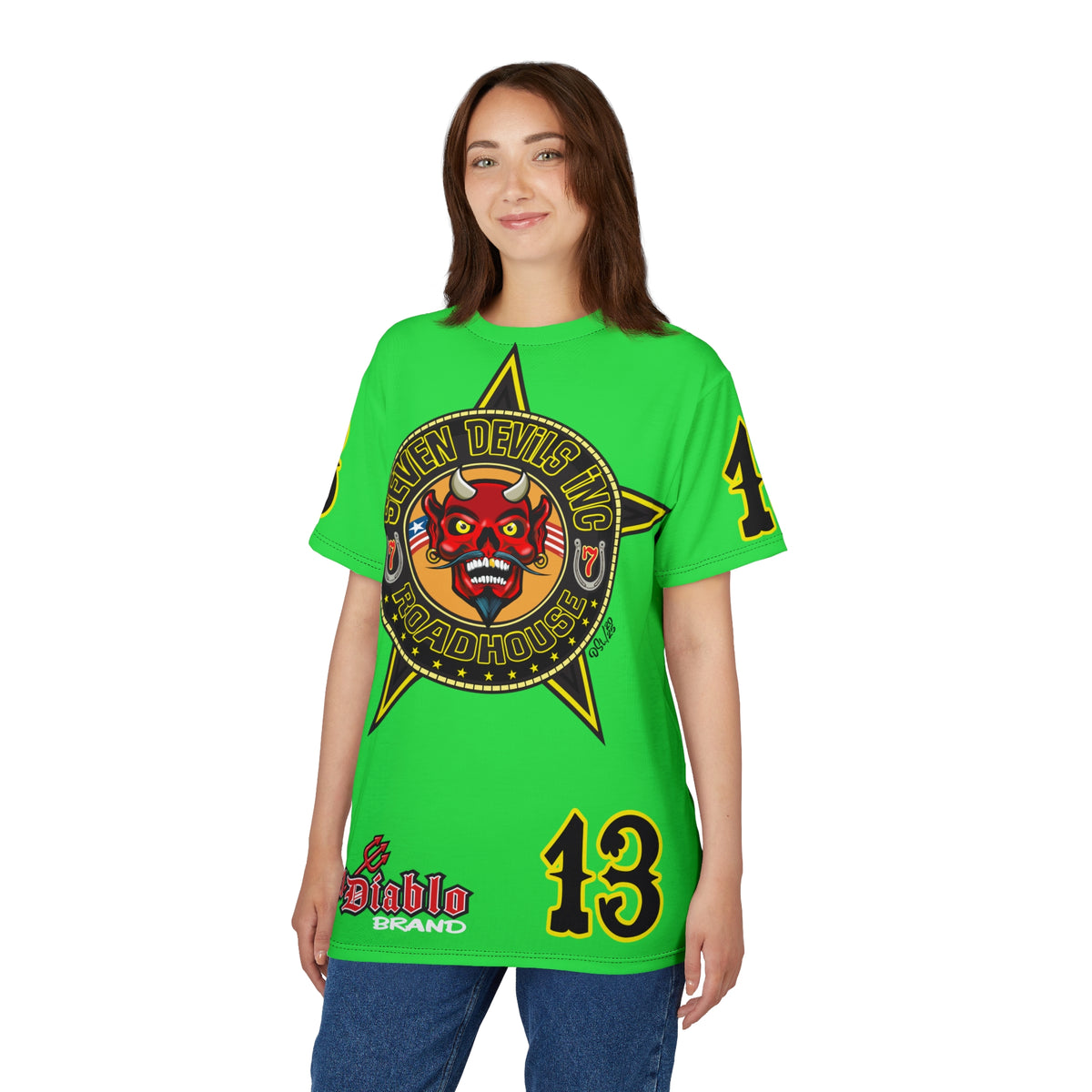 Very Special Seven Devils Inc. Roadhouse HiViZ Super Tee — Extreme Edgy Graphics - Bad Attitude Custom Biker Riding Gear