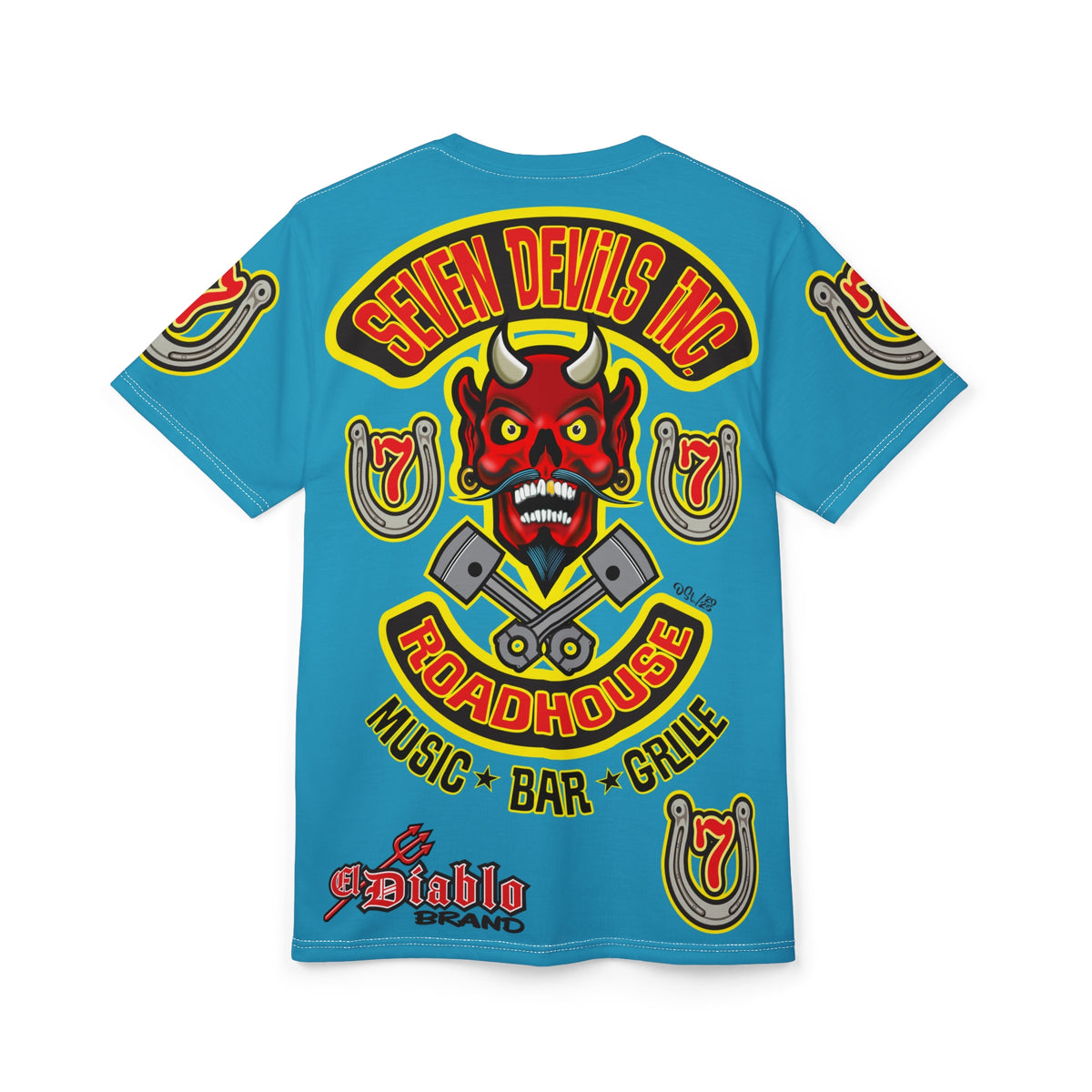 Seven Devils Inc. Roadhouse Electric Blue Hiviz  Design, Edgy Biker Shirt, Special Motorcycle Riding Gear, Seven Devils Inc.