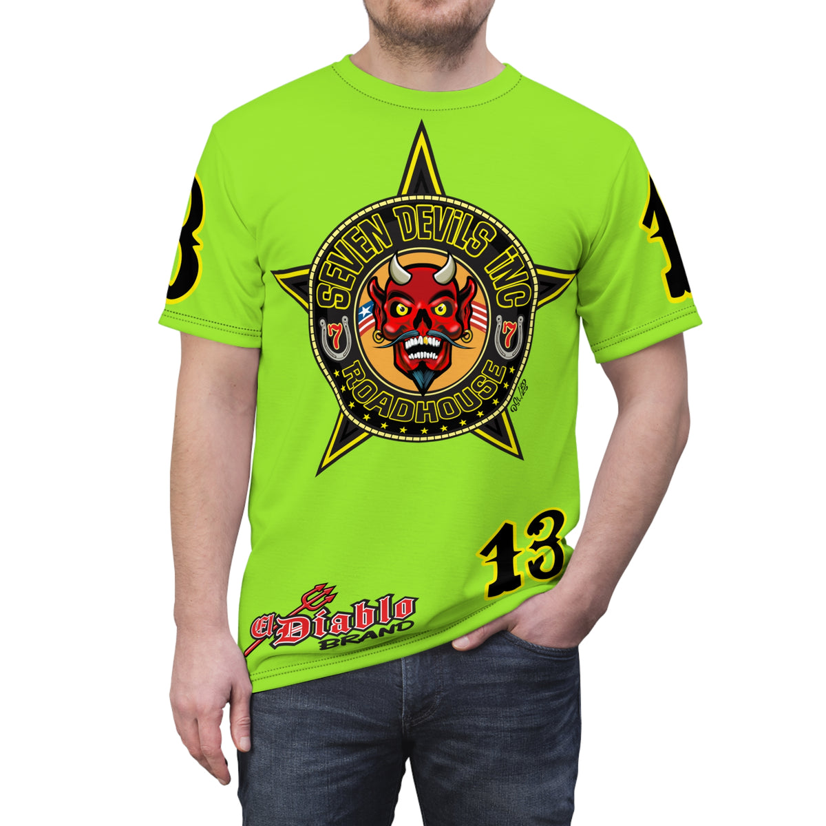 Very Special Seven Devils Inc. Roadhouse HiViZ Super Tee — Extreme Edgy Graphics - Bad Attitude Custom Biker Riding Gear
