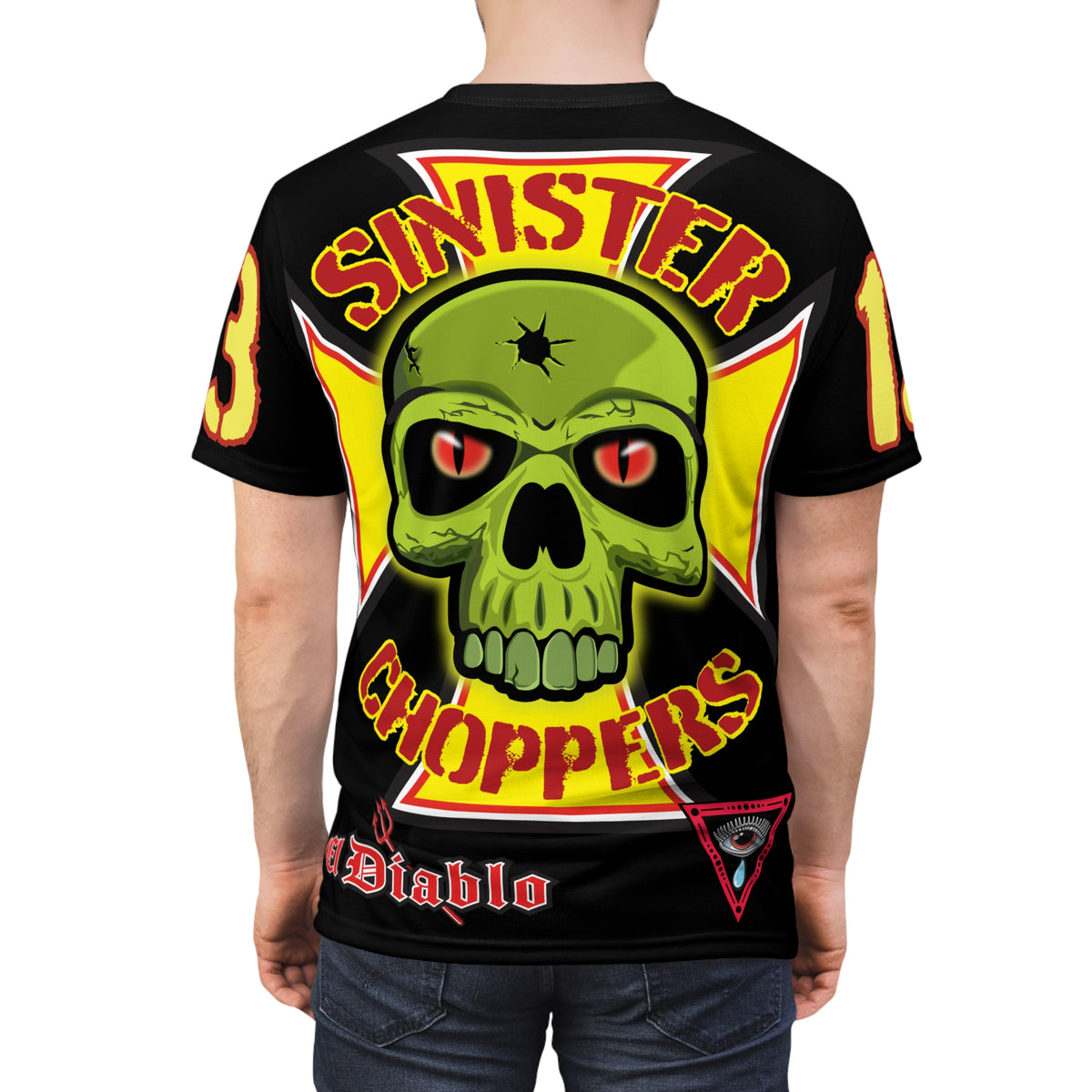 Sinister Choppers Special Edition WAR CUT - HiViZ Super Tee - Black Only - Bullet Hits - Stencil Cut Lettering - Hi colour Graphics - Evil Skulls
