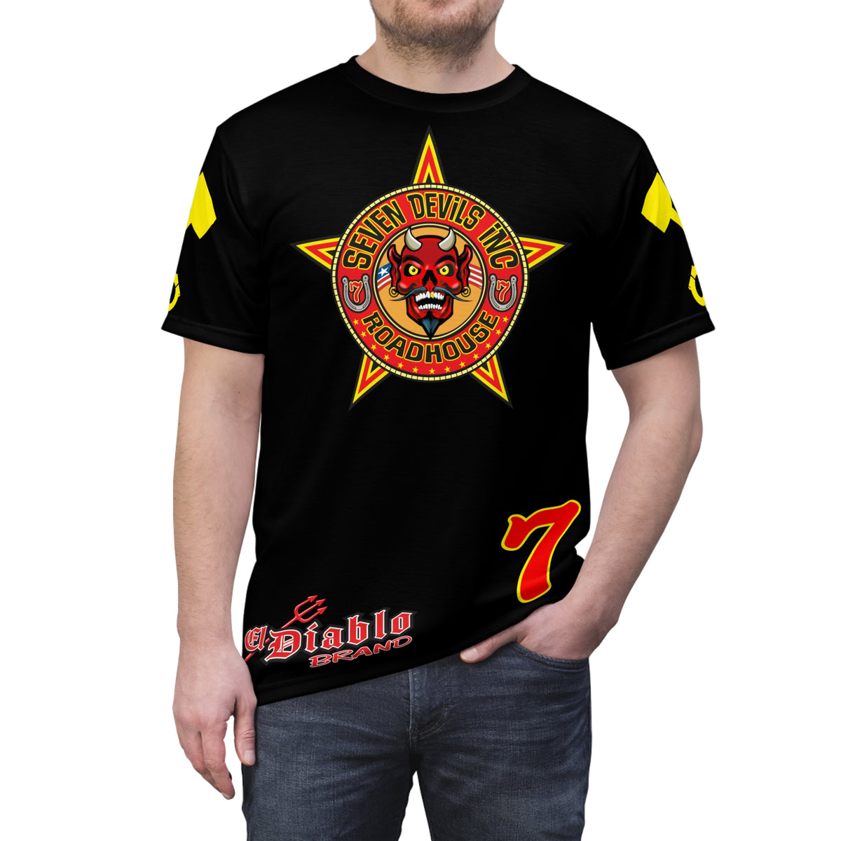 SRT Seven Devils RoadHouse Custom Biker Riding Super Tee - Retro Devil Western Style Graphic Style