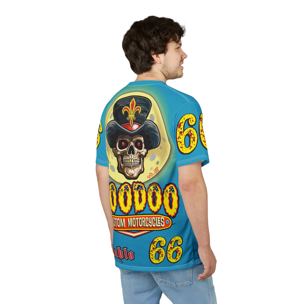 Voodoo Custom Motorcycles Electric Blue Unisex HiViz Tee, Edgy Graphic Shirt, Motorcycle Apparel, Skull T-Shirt, Perfect for Bikers