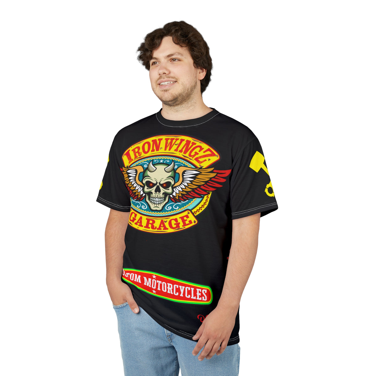 Iron Wingz Garage HiViz Tee, Vuntage Graphic Logo, Rockabilly Style Shirt for Bikers