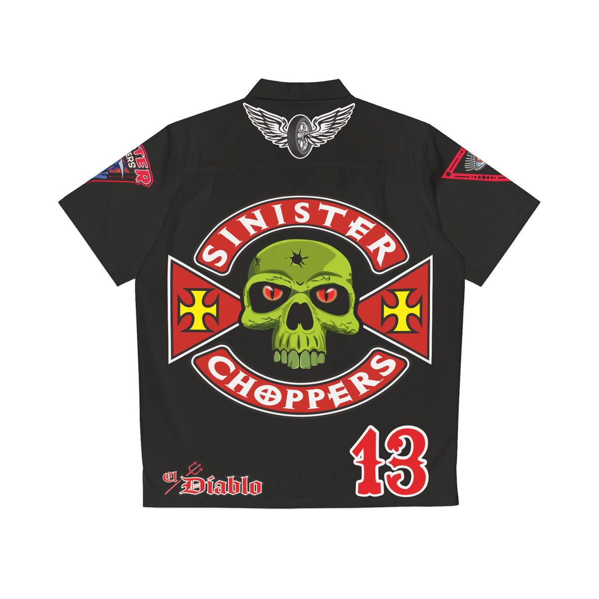 Big Bopper Sinister Choppers Men's Hawaiian Shirt - Loose Comfortable Biker Riding Shirt - Dress with Attitude - Sizes to 5XL