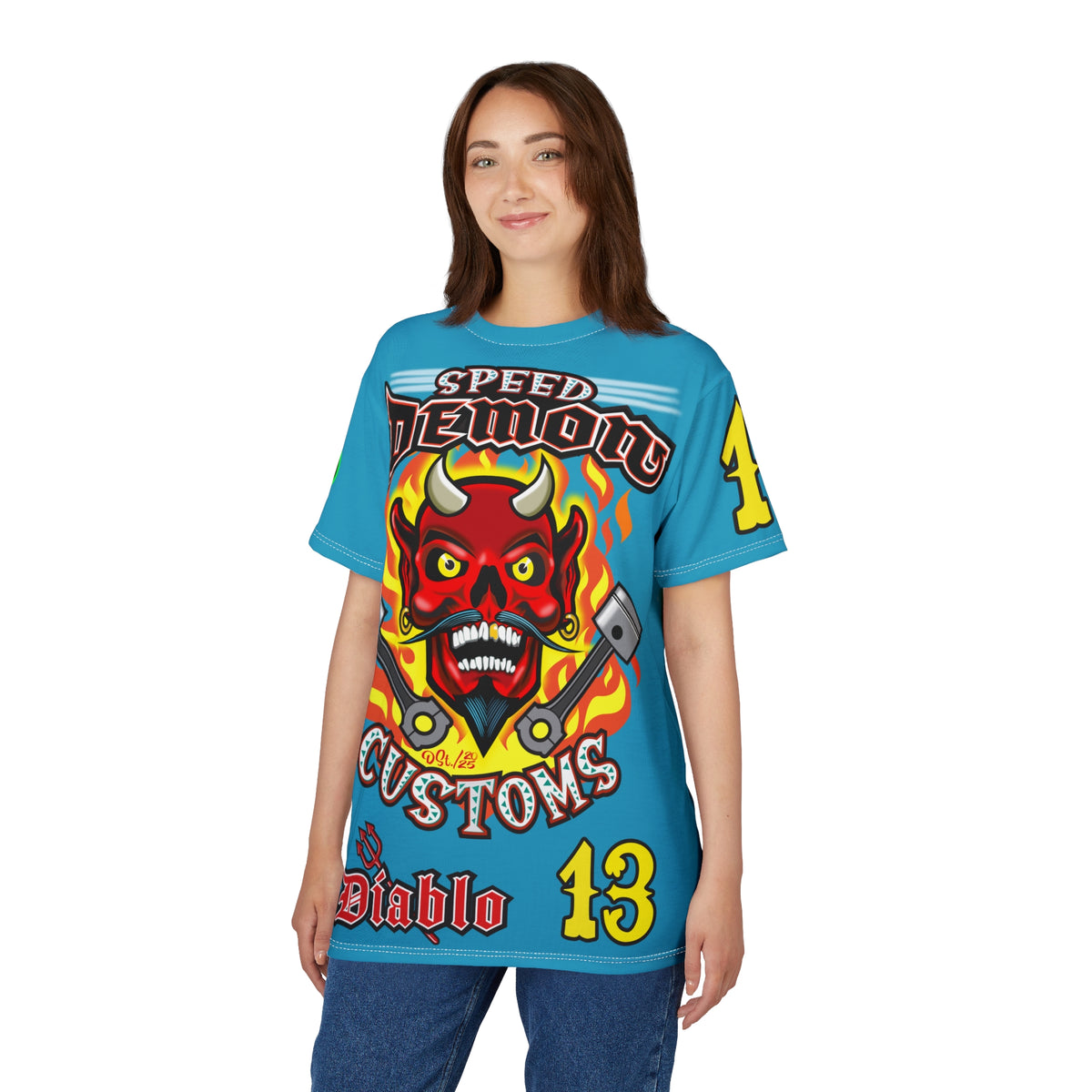 Speed Demon Custom Hell Fire HiViz Unisex Tee - Bold Graphic Harley Enthusiast Super T