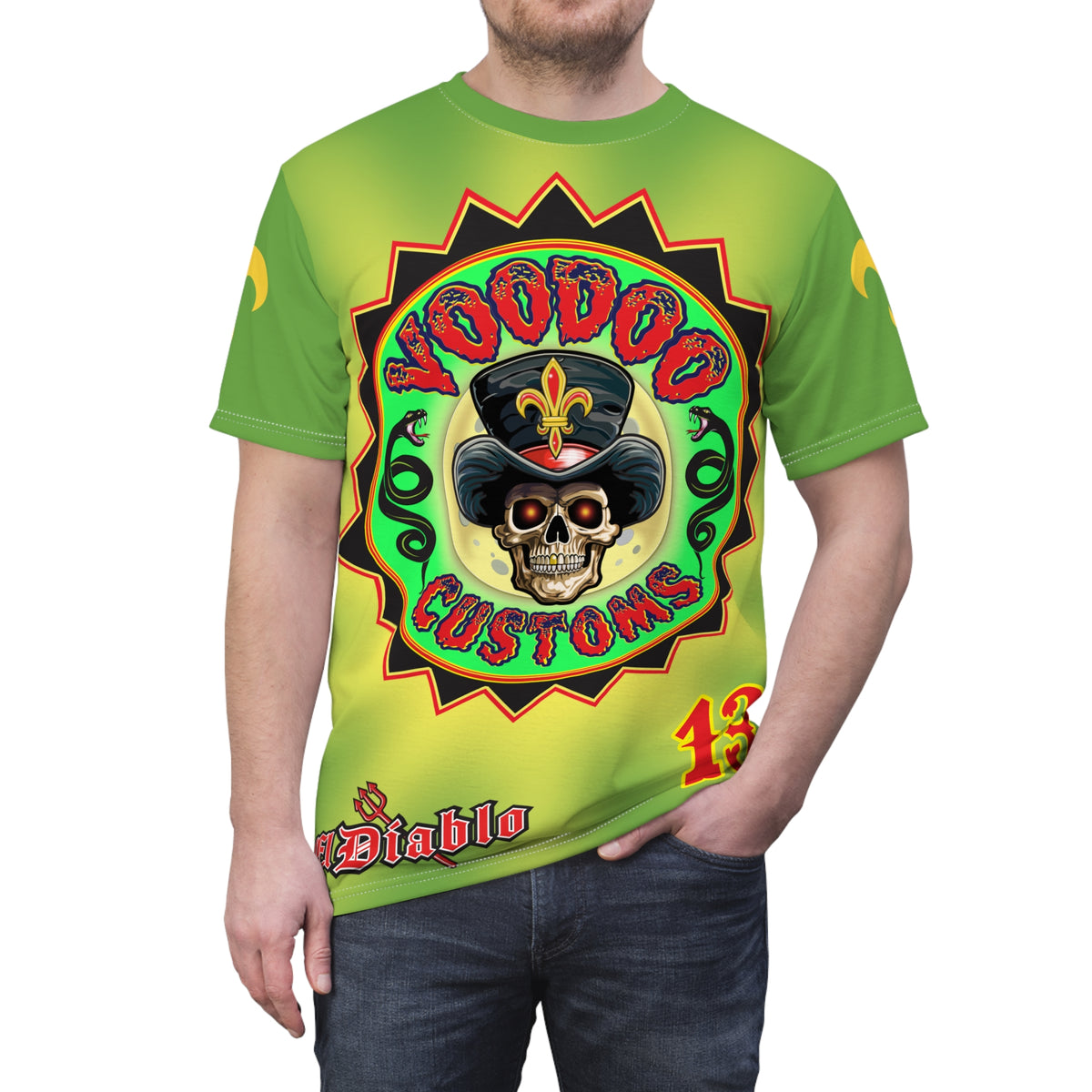 Voodoo Custom Motorcycles Unisex Tee - Edgy Tie Dye Skull Design for Bikers
