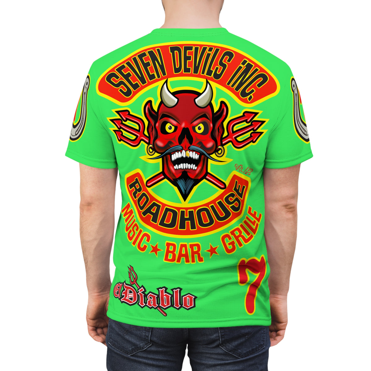 Very Special Seven Devils Inc. Roadhouse HiViZ Graphic Tee - Custom Motorcycle Riding Super Tee, Edgy Streetwear Perfect Fit & Comfort Biker Wear