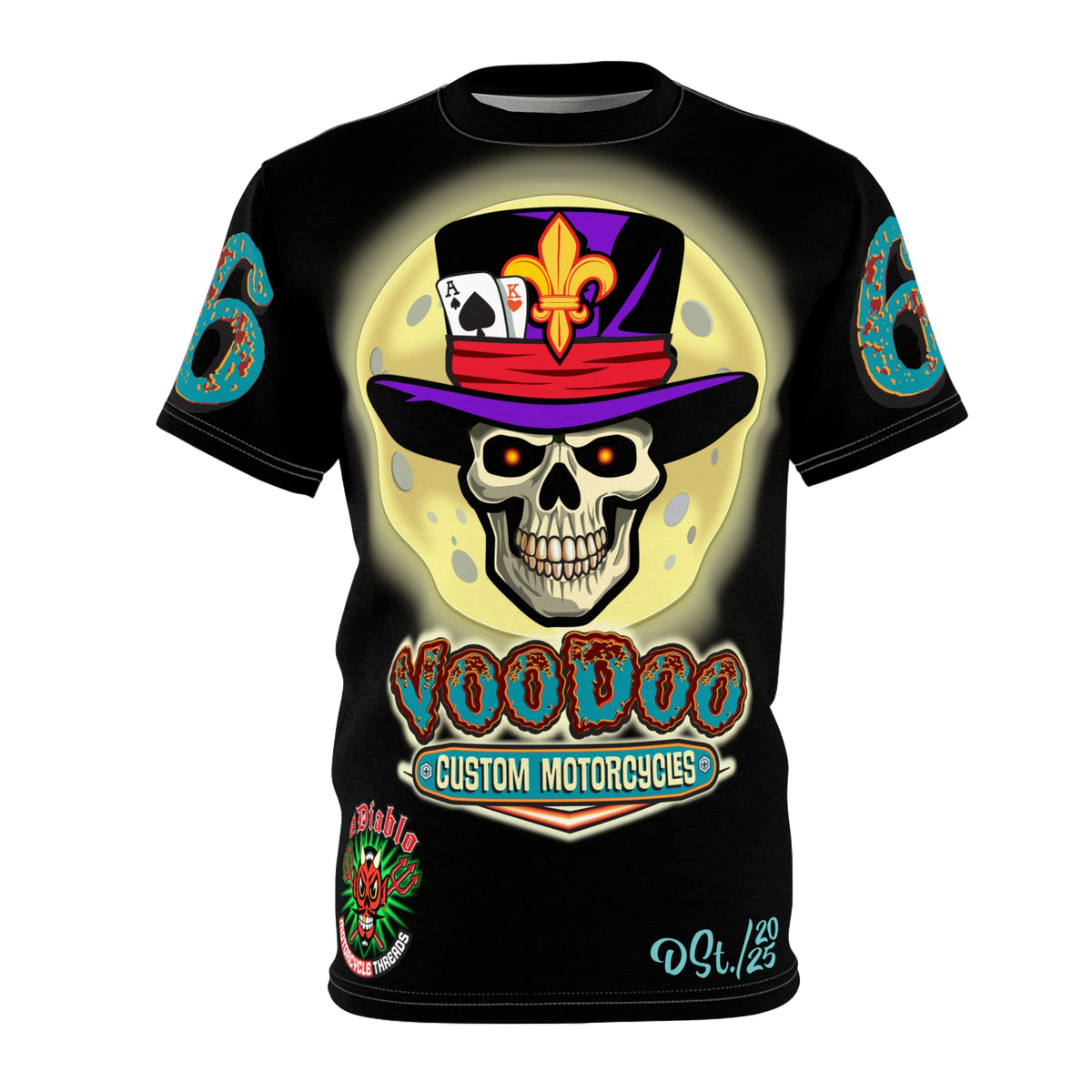 Voodoo Custom Motorcycles Ragin' Cajun Super Tee - Edgy Skull Design for Motorcycle Enthusiasts