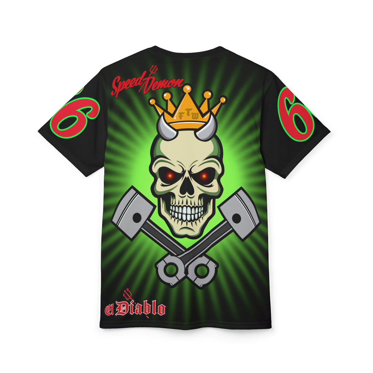 Speed Demon Night Rider with Lumina Green HiViZ Star Burst F& Back - Super Tee - Edgy Racing Skull Design