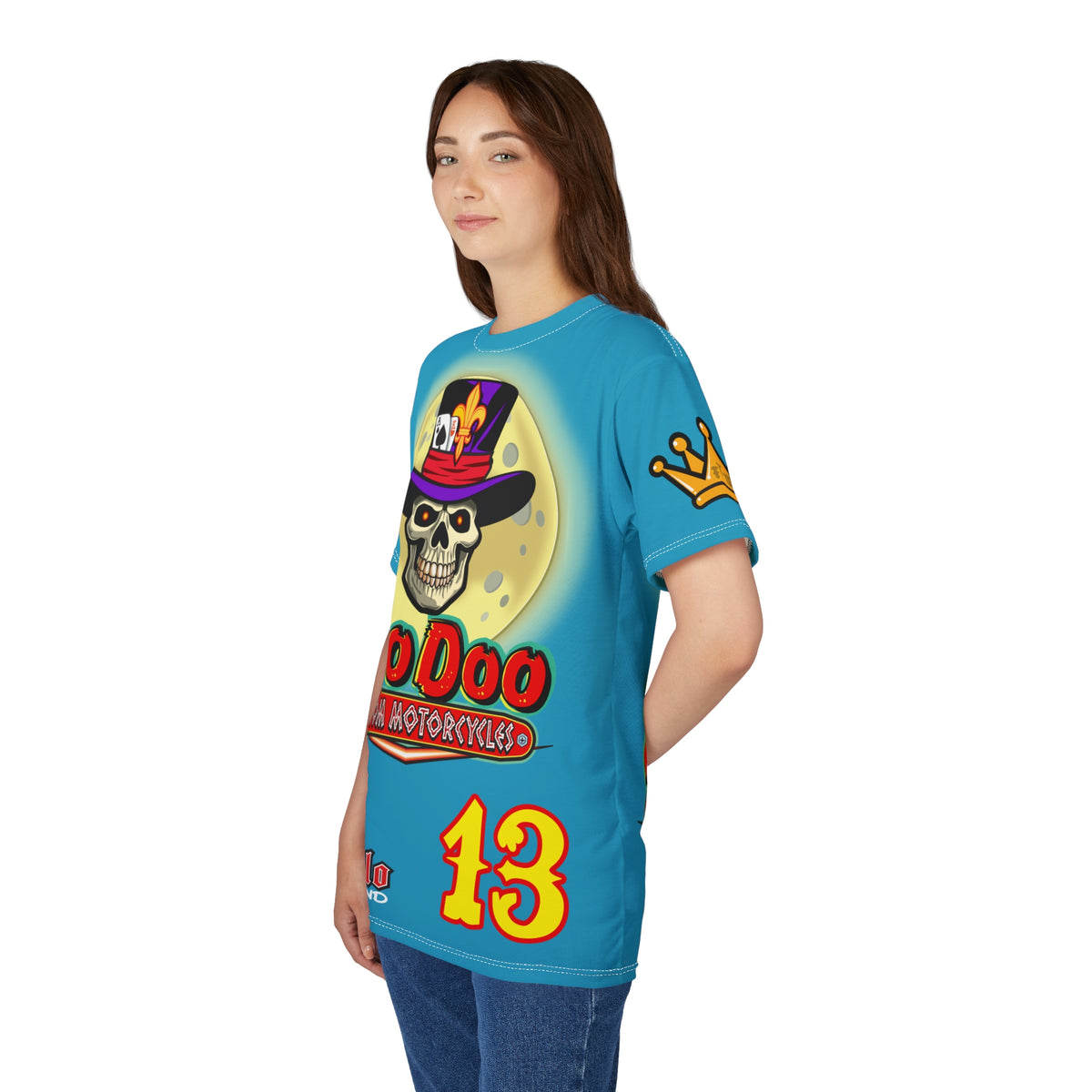 VooDoo Custom Motorcycles Electric Blue HiViz Graphics Biker Tee