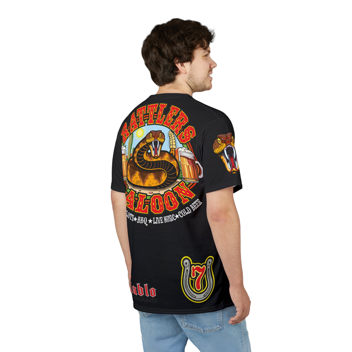 SRT Rattlers Saloon  BADAZZ BLACK SUPER RIDING TEE — Vintage Biker Lucky 7 Graphic Shirt