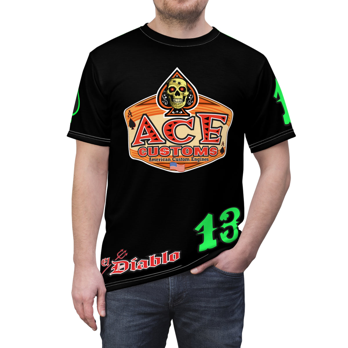 American Custom Engines ACE - Super HiViz Ace of Spades Lumina Green Back  EXTRA LARGE HiViz  Graphics