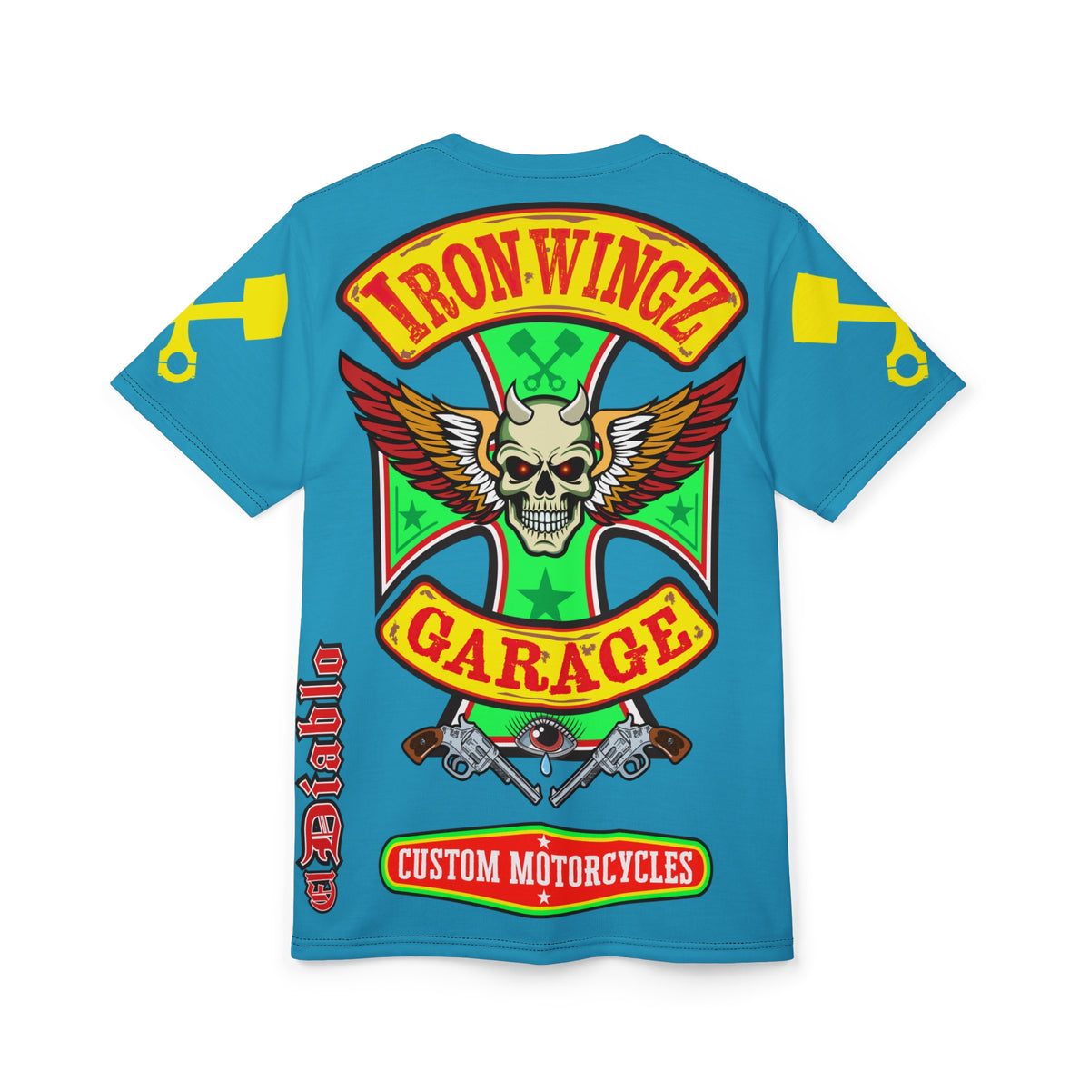 Iron Wingz Garage HiViz Super Tee, Unisex Graphic T-Shirt, Rockabilly Style Shirt, Alternative Fashion Top, Perfect Gift for Bikers
