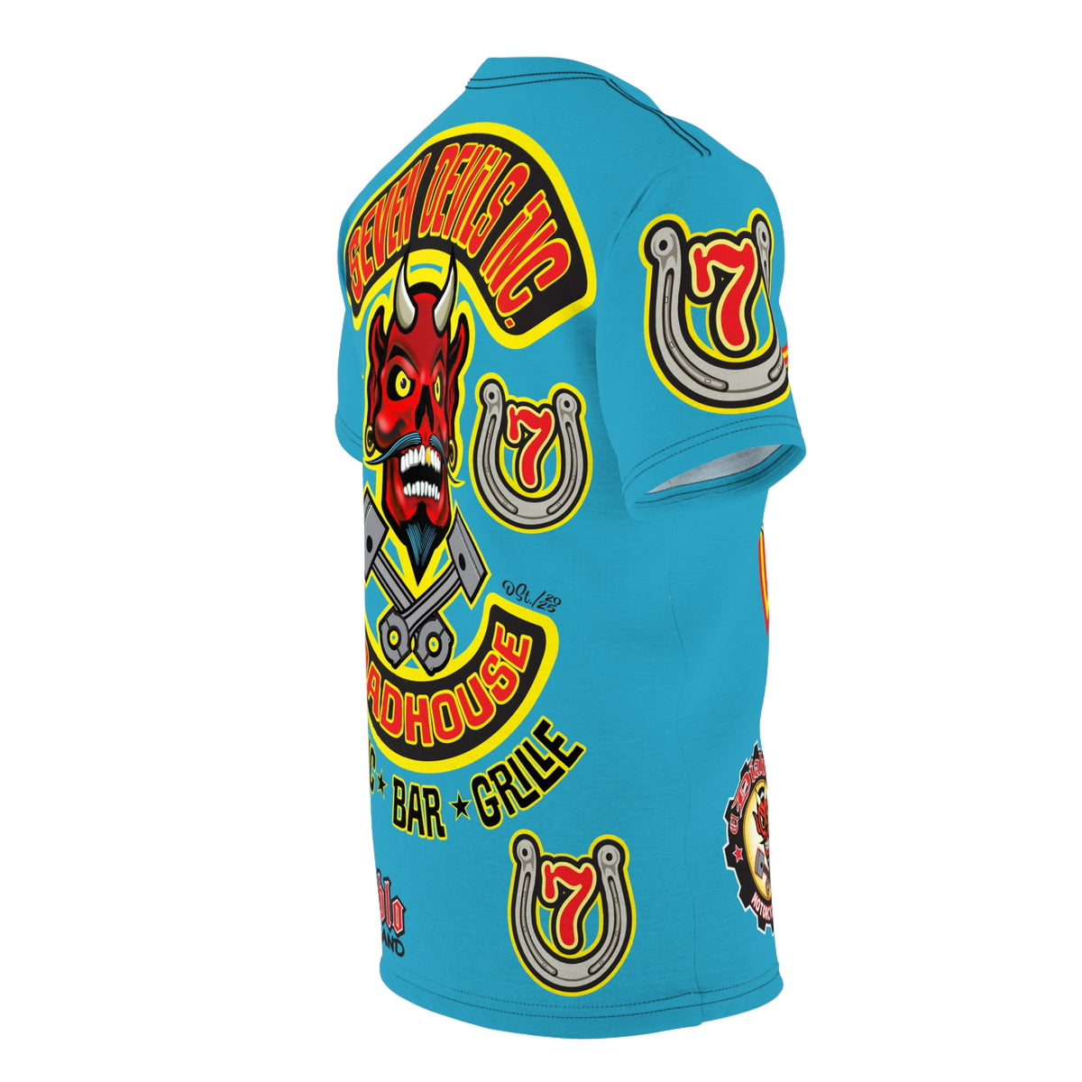 Seven Devils Inc. Roadhouse Electric Blue Hiviz  Design, Edgy Biker Shirt, Special Motorcycle Riding Gear, Seven Devils Inc.