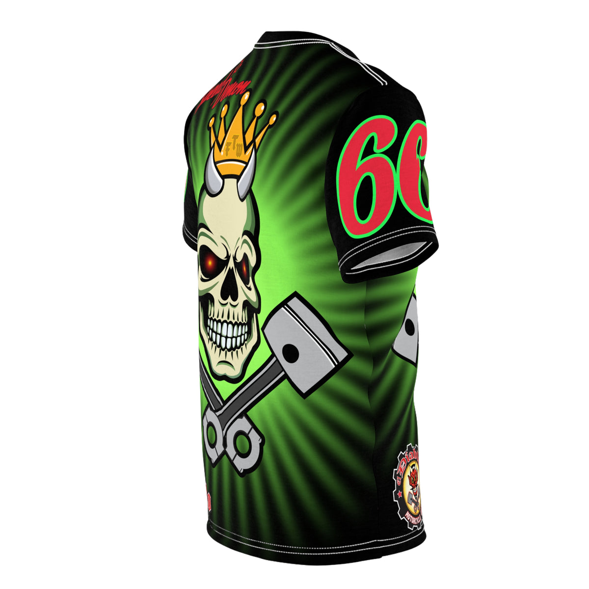 Speed Demon Night Rider with Lumina Green HiViZ Star Burst F& Back - Super Tee - Edgy Racing Skull Design