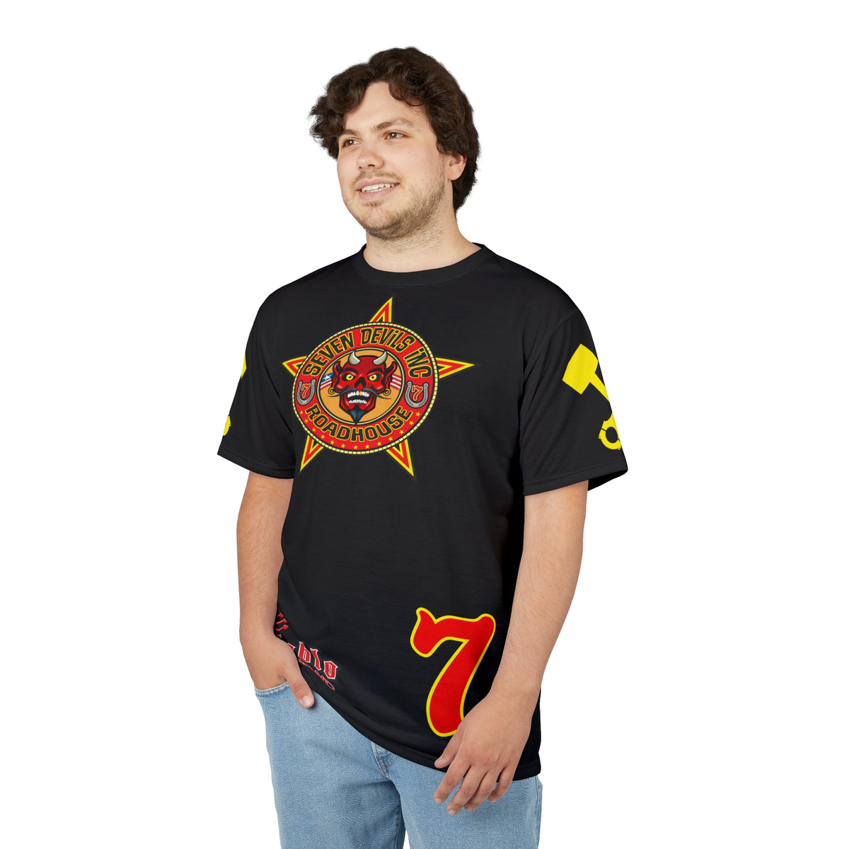 SRT Seven Devils RoadHouse Custom Biker Riding Super Tee - Retro Devil Western Style Graphic Style
