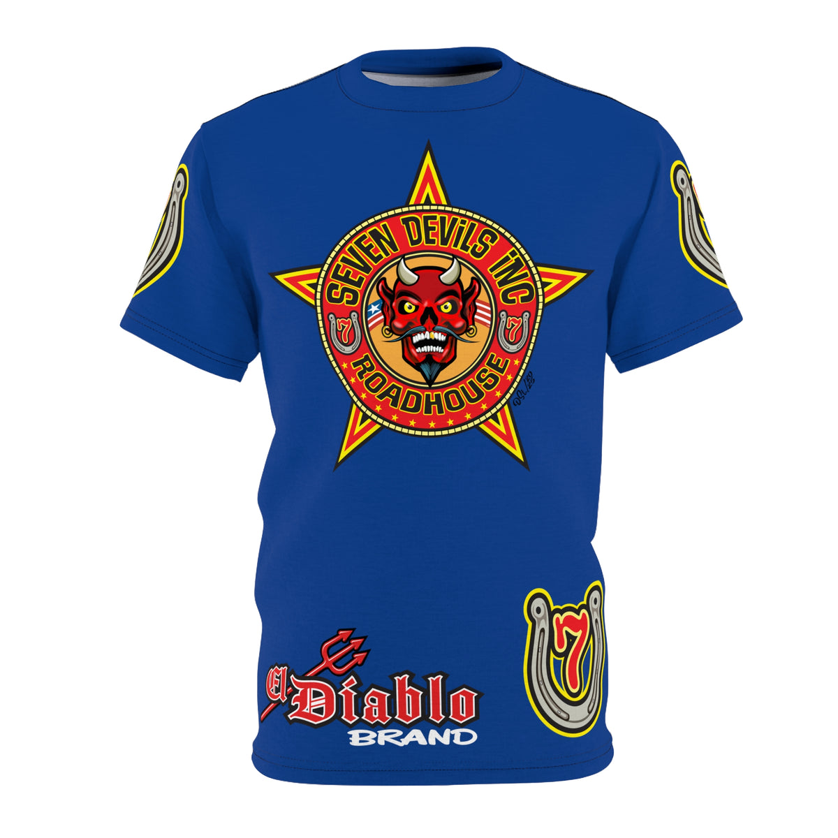 Seven Devils Inc. Roadhouse Electric Blue HiViz Design Super Tee, Edgy Biker Shirt, Special Motorcycle Riding Gear, Seven Devils Inc.