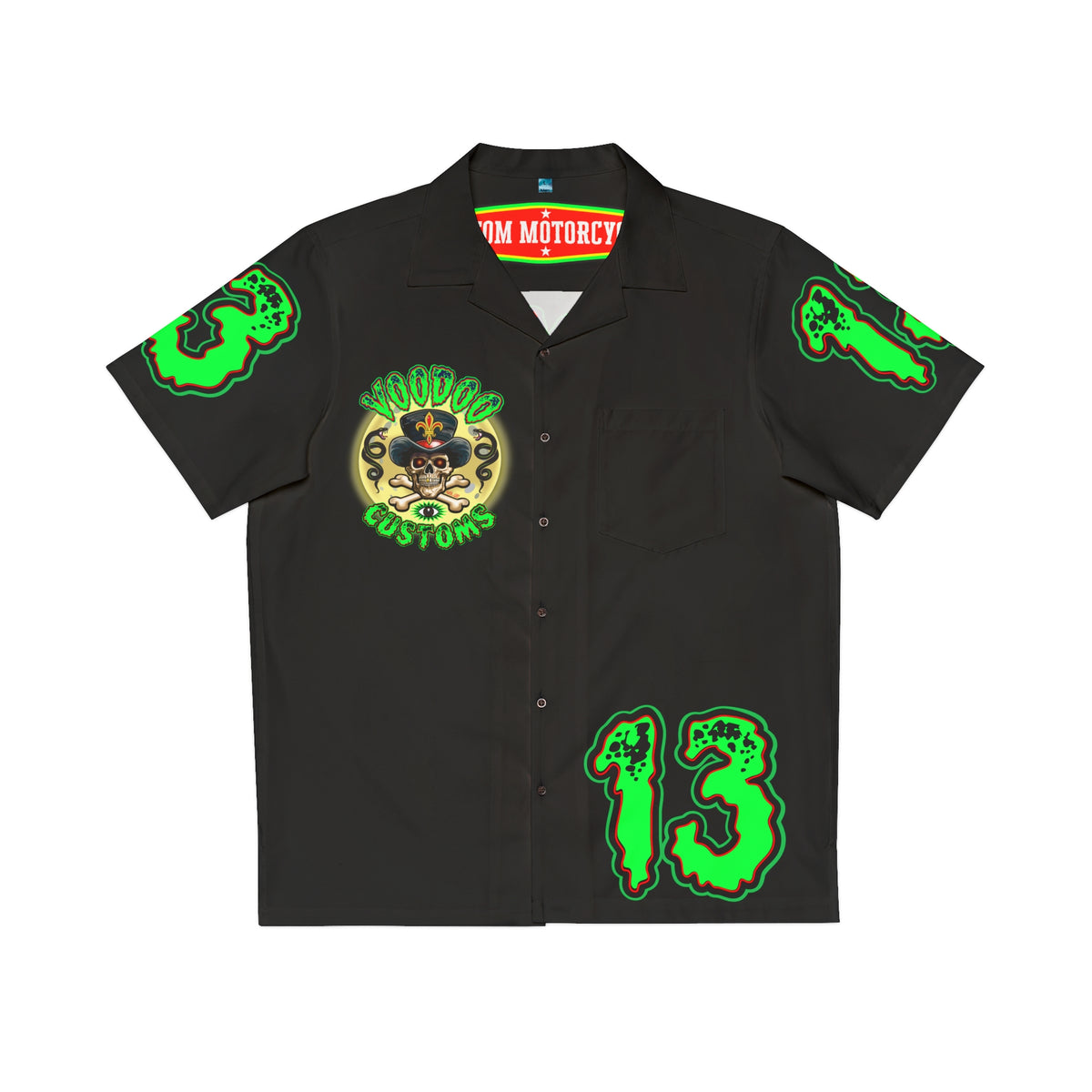 Big Bopper Voodoo Motorcycles HiViz Men's Hawaiian Shirt, Summer Biker Shirt, Motorcycle Apparel, Sizes to 5XL